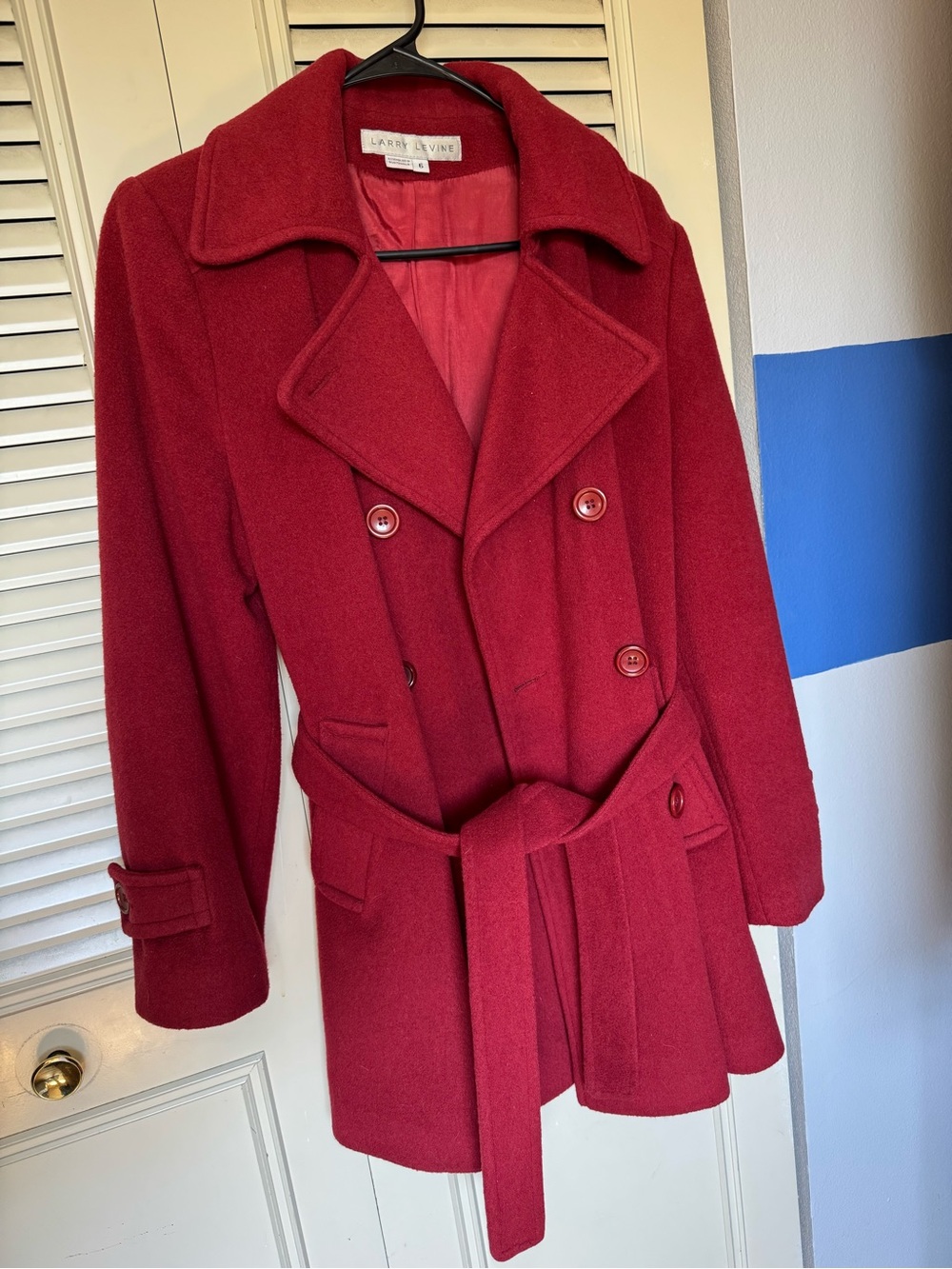 Larry Levine Red Double-Breasted Pea Coat with Belt